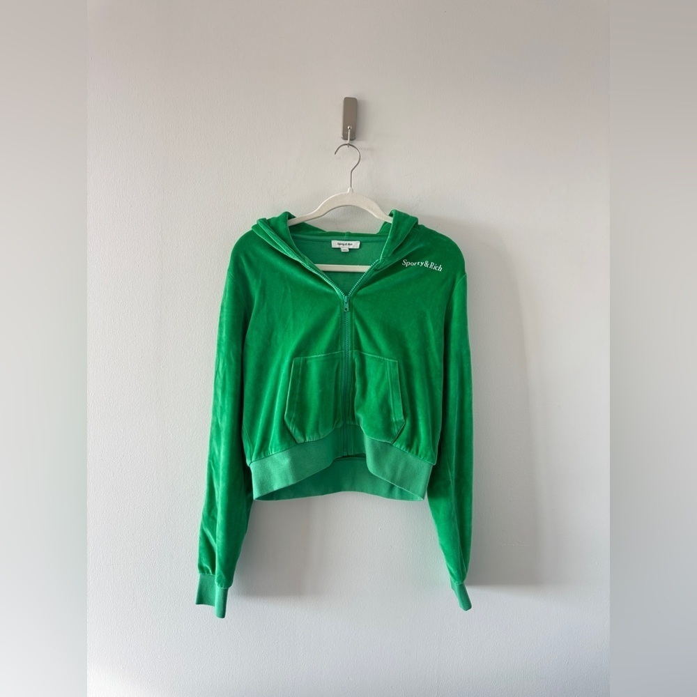 SPORTY & RICH Health Ivy Velour Zipped Hoodie in Green XL - Picture 4 of 8